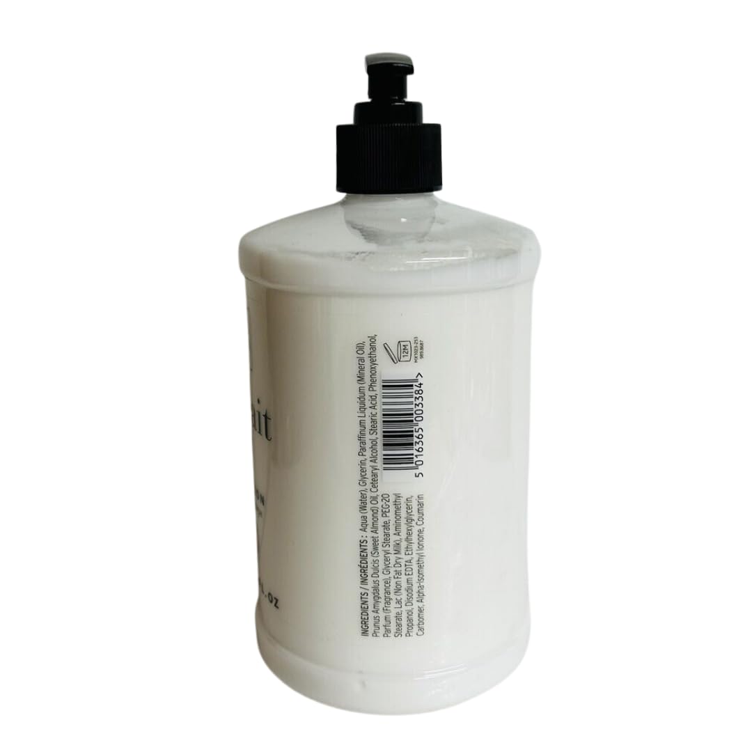 Scottish Fine Soaps The Company Au Lait Body Lotion bottle back view shows nourishing formula.