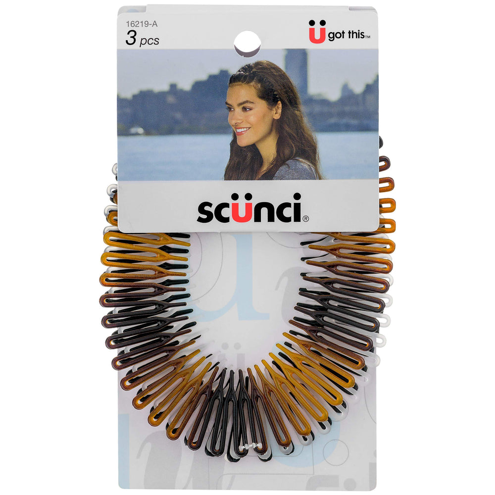 Scunci peigne stretch beauté sans effort, ensemble 3 coloris, maintien discret pour cheveux.