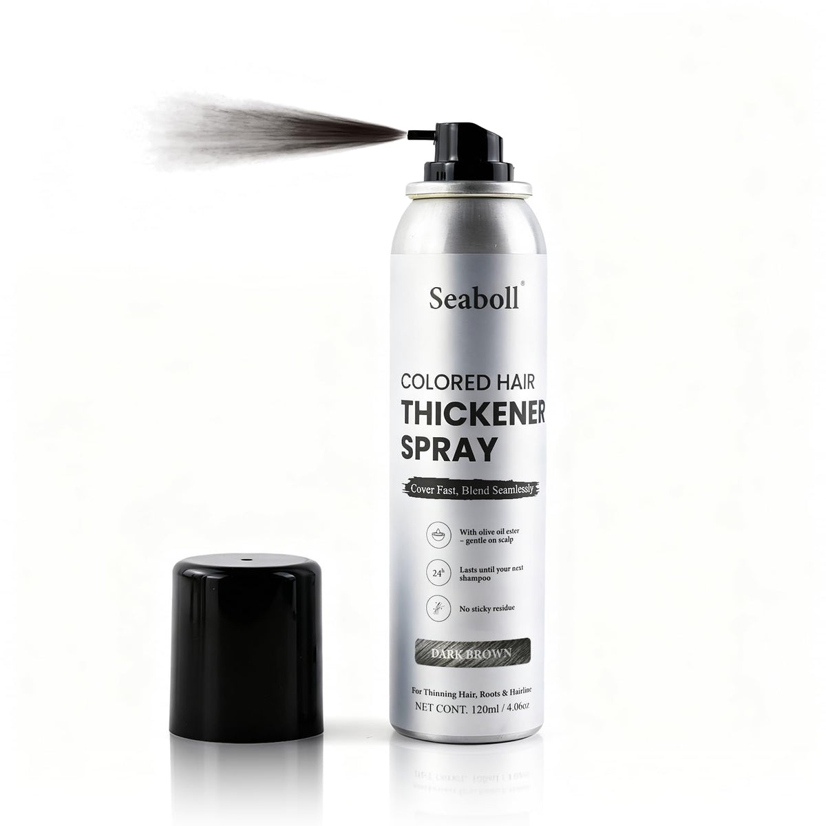 Seaboll spray coloration racines brun foncé pour une couverture naturelle rapide.