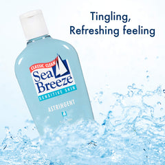 Application tonique Seabreeze sur visage sensible, sensation de fraîcheur immédiate.