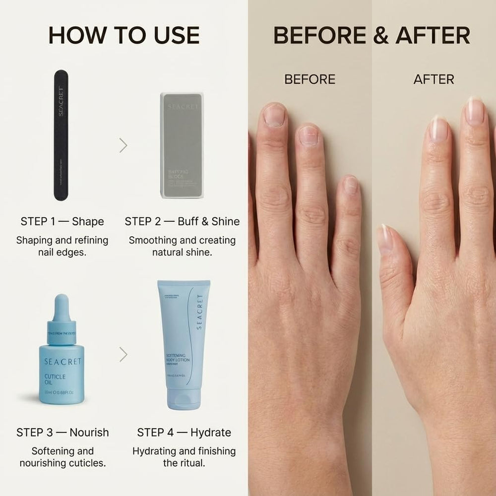 SEACRET bloc 3-en-1 pour lisser et faire briller les ongles.
