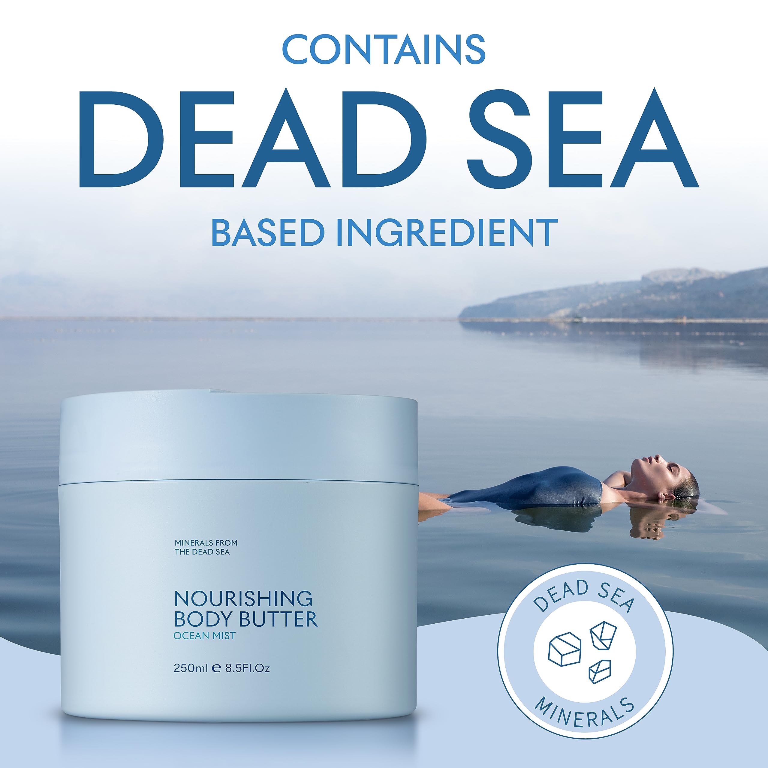 Ingrédients minéraux Mer Morte, enrichis pour la peau.