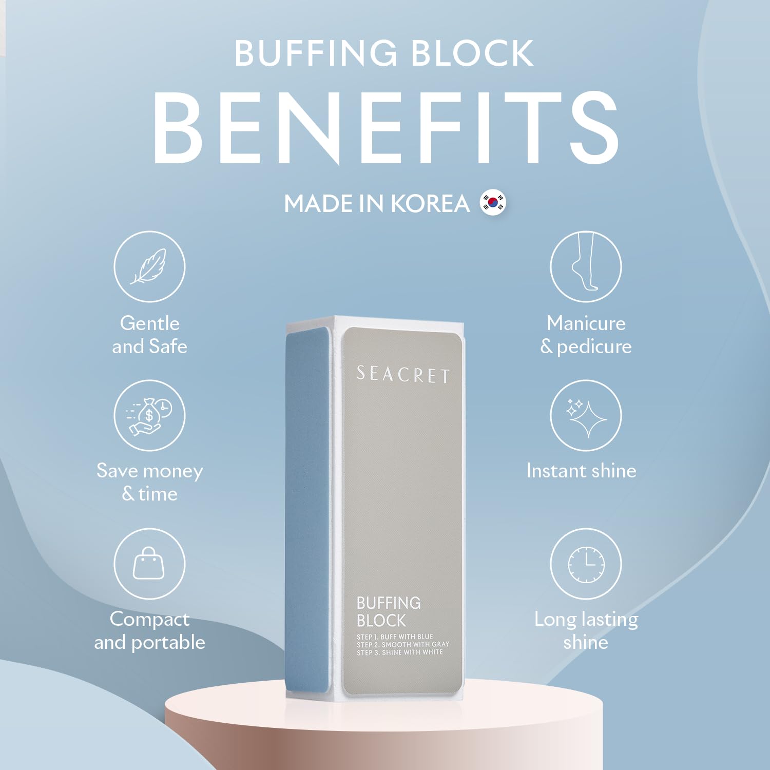 Tampon SEACRET Minerals Professionnel, surface lisse et polissage doux pour ongles.
