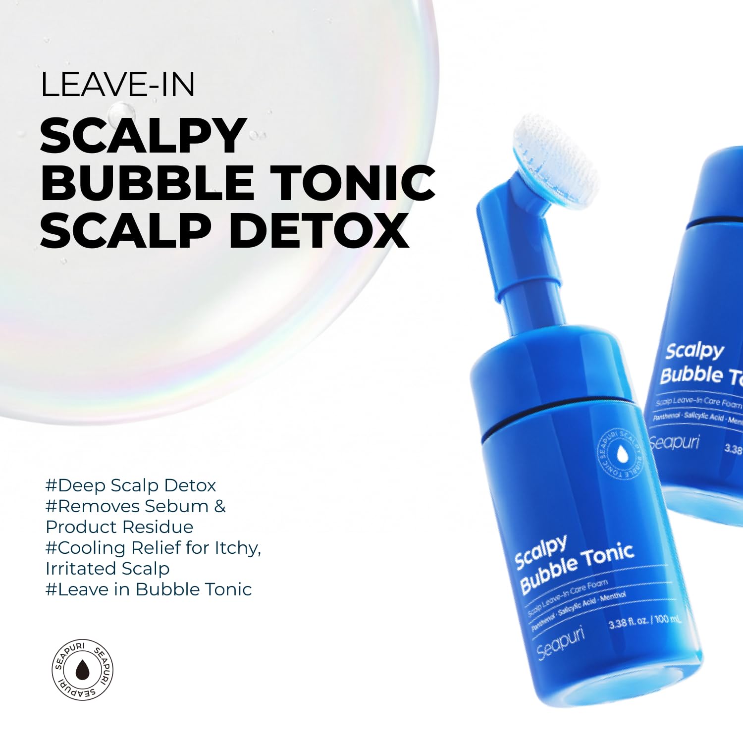 Seapuri Bubble Tonic bouteille exfoliant, application douce sur le cuir chevelu.
