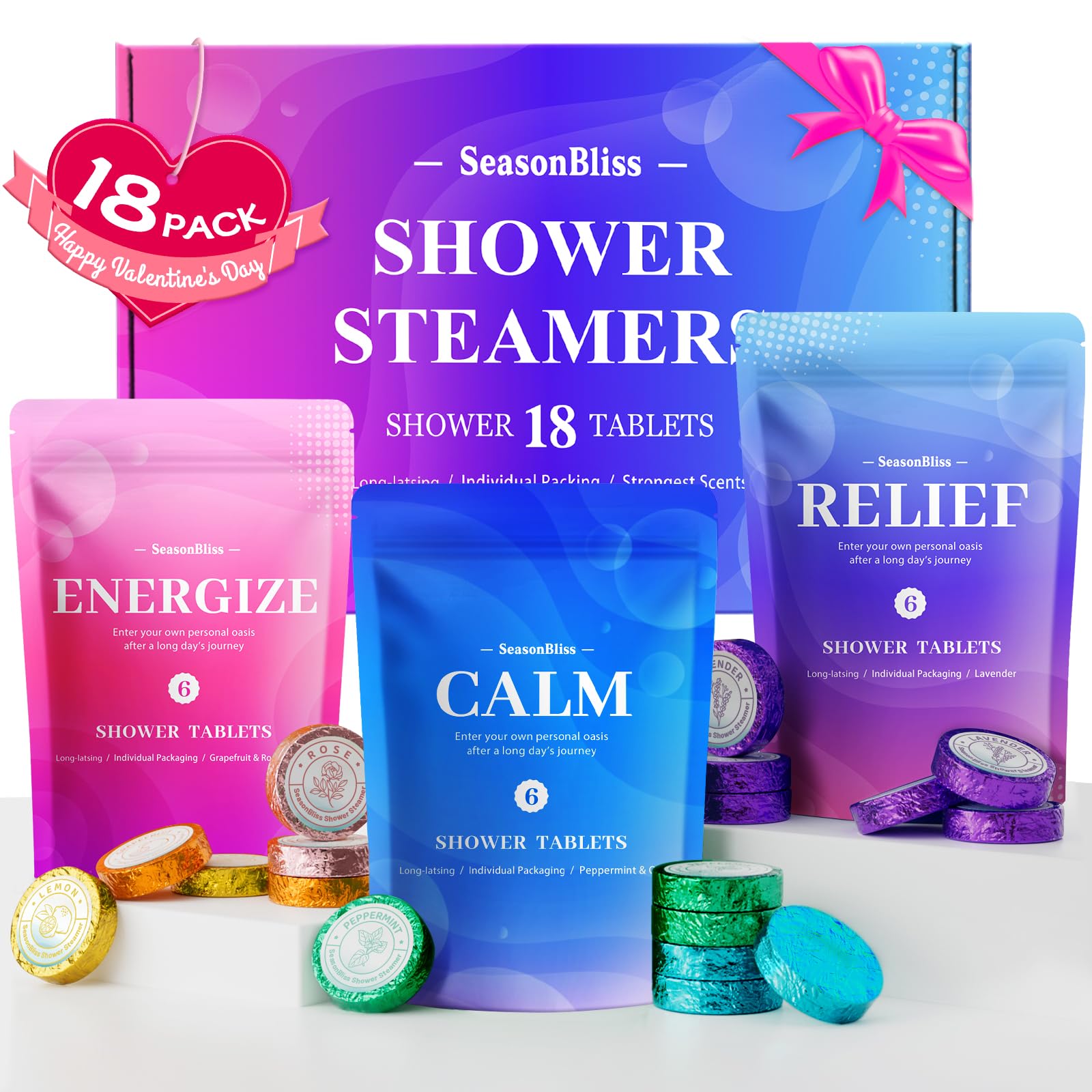 SeasonBliss tablettes douche 18-pack, vue d’ensemble, aromathérapie rapide et pratique