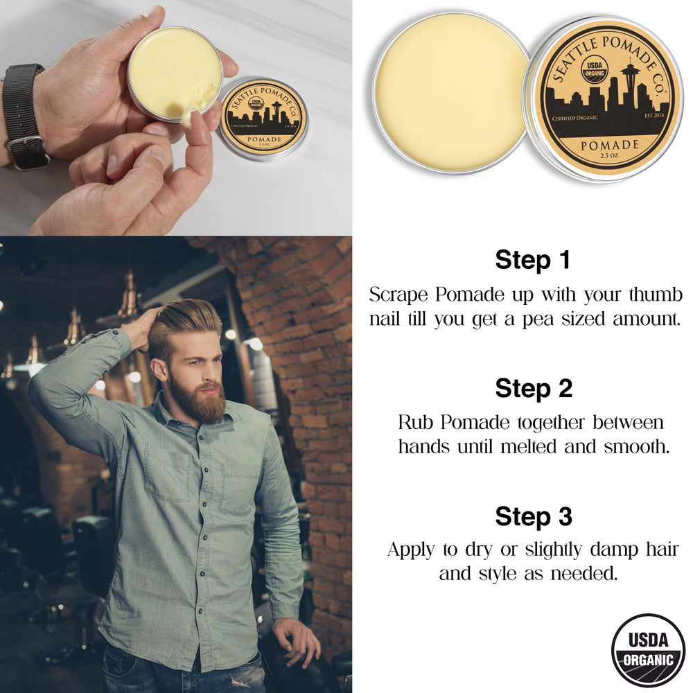 Seattle Pomade Co. ingrédients bio affichés sur l'emballage transparent.