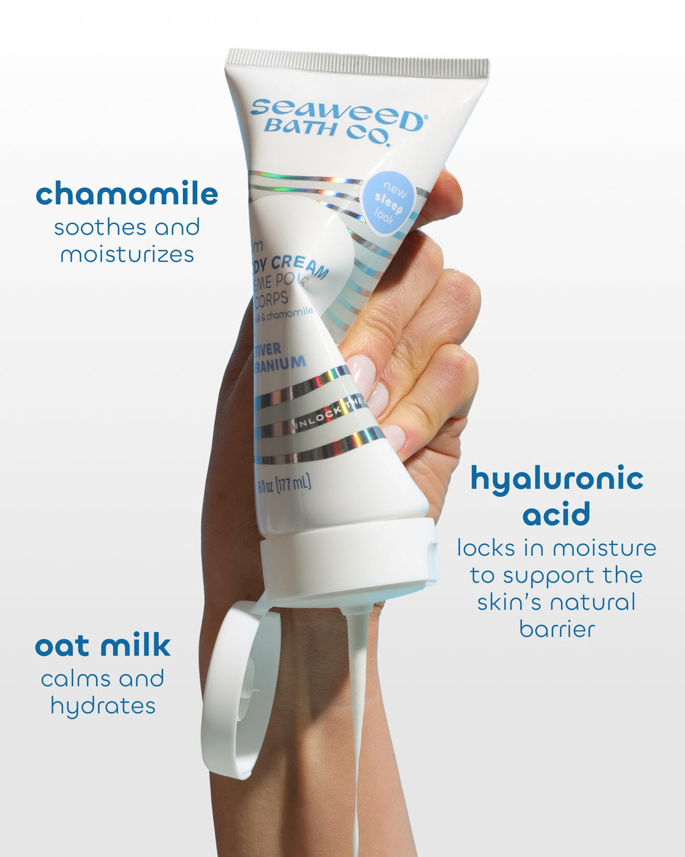 Applying Seaweed Bath Co Calm Body Cream on hand for quick moisture