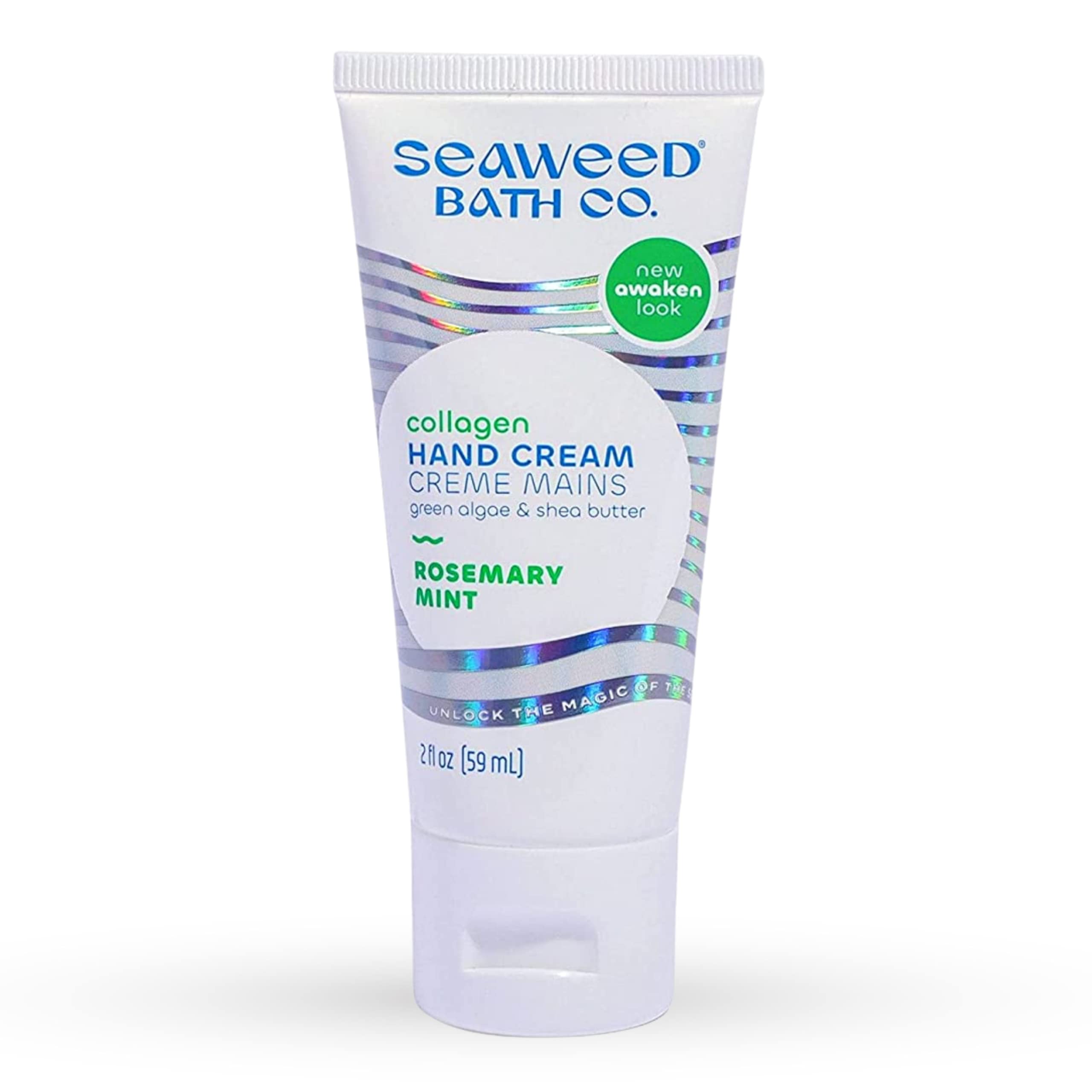 Crème mains Seaweed Bath Co. collagène et romarin, hydratation nourrissante.