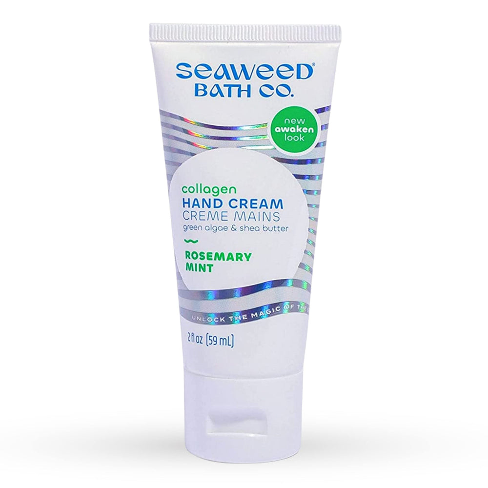 Crème mains Seaweed Bath Co. collagène et romarin, hydratation nourrissante.