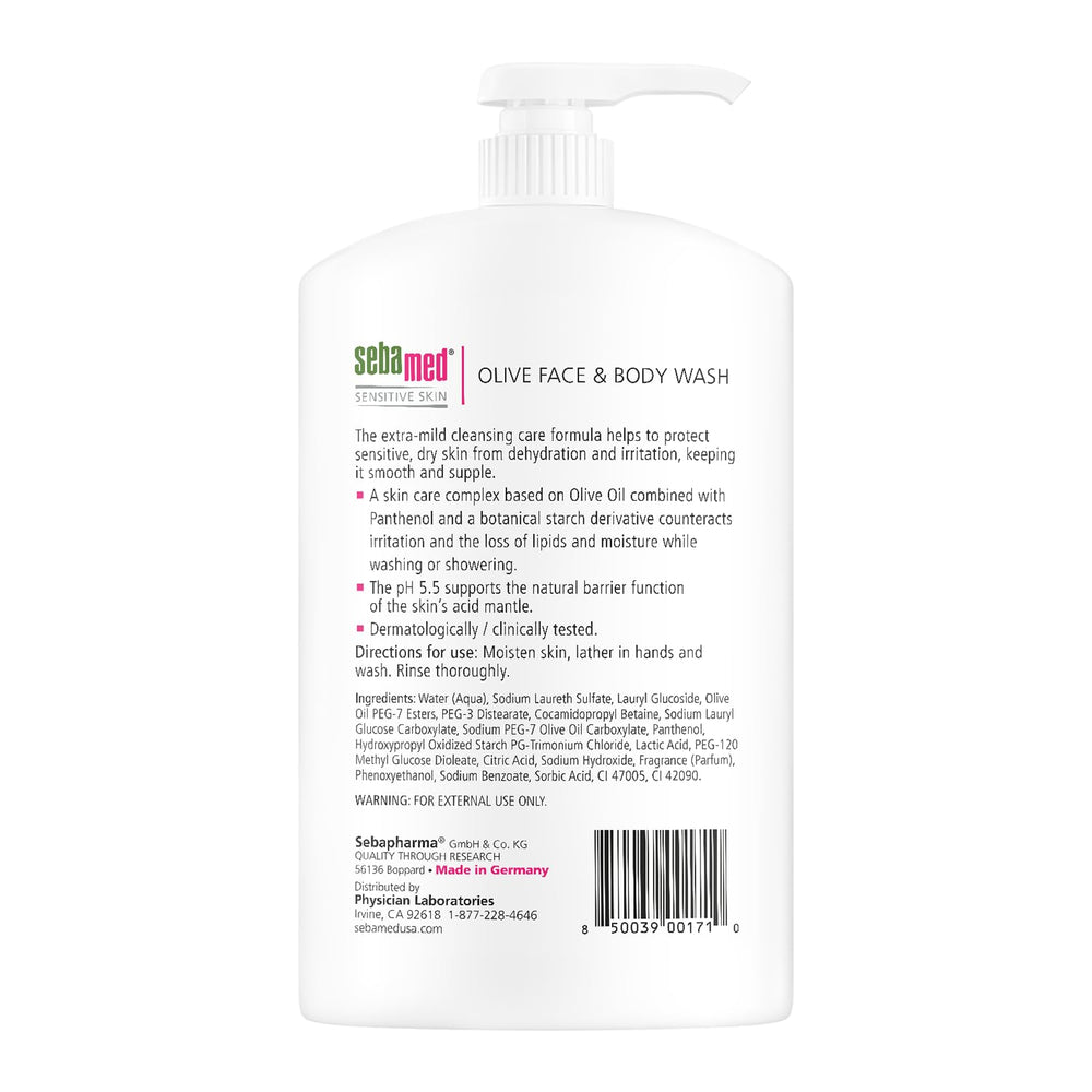 Gros plan sur la pompe Sebamed Olive pour une distribution précise.
