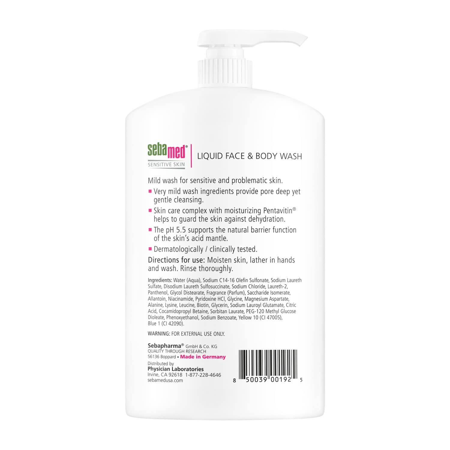 SEBAMED étiquette – indique pH 5,5 et hypoallergénique pour peau sensible.
