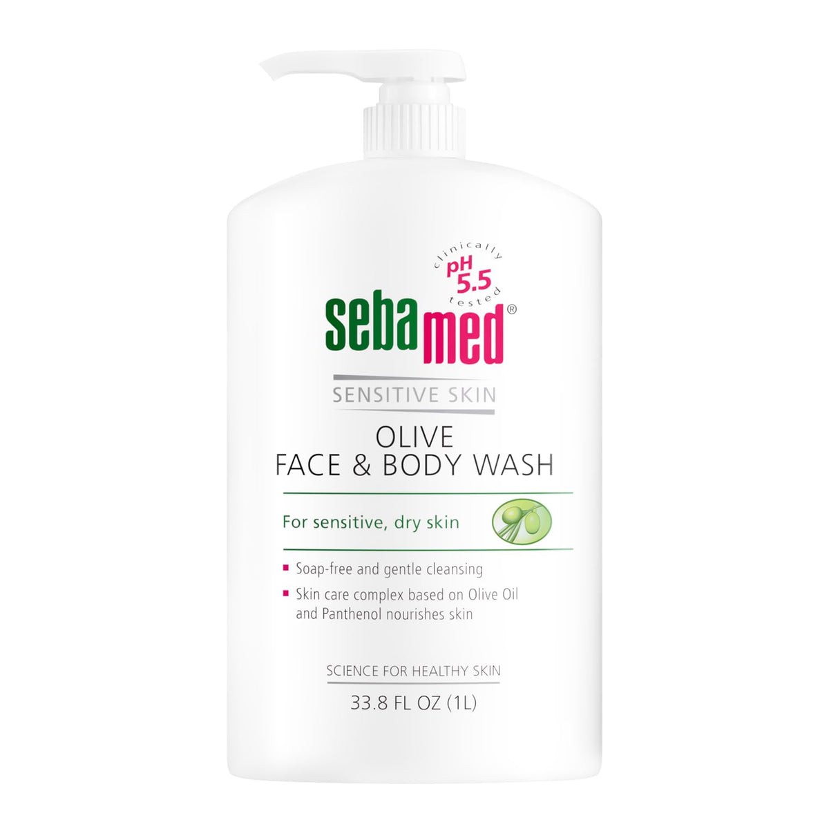 Sebamed Olive Face & Body Wash: bouteille avec pompe prête à l’usage quotidien.