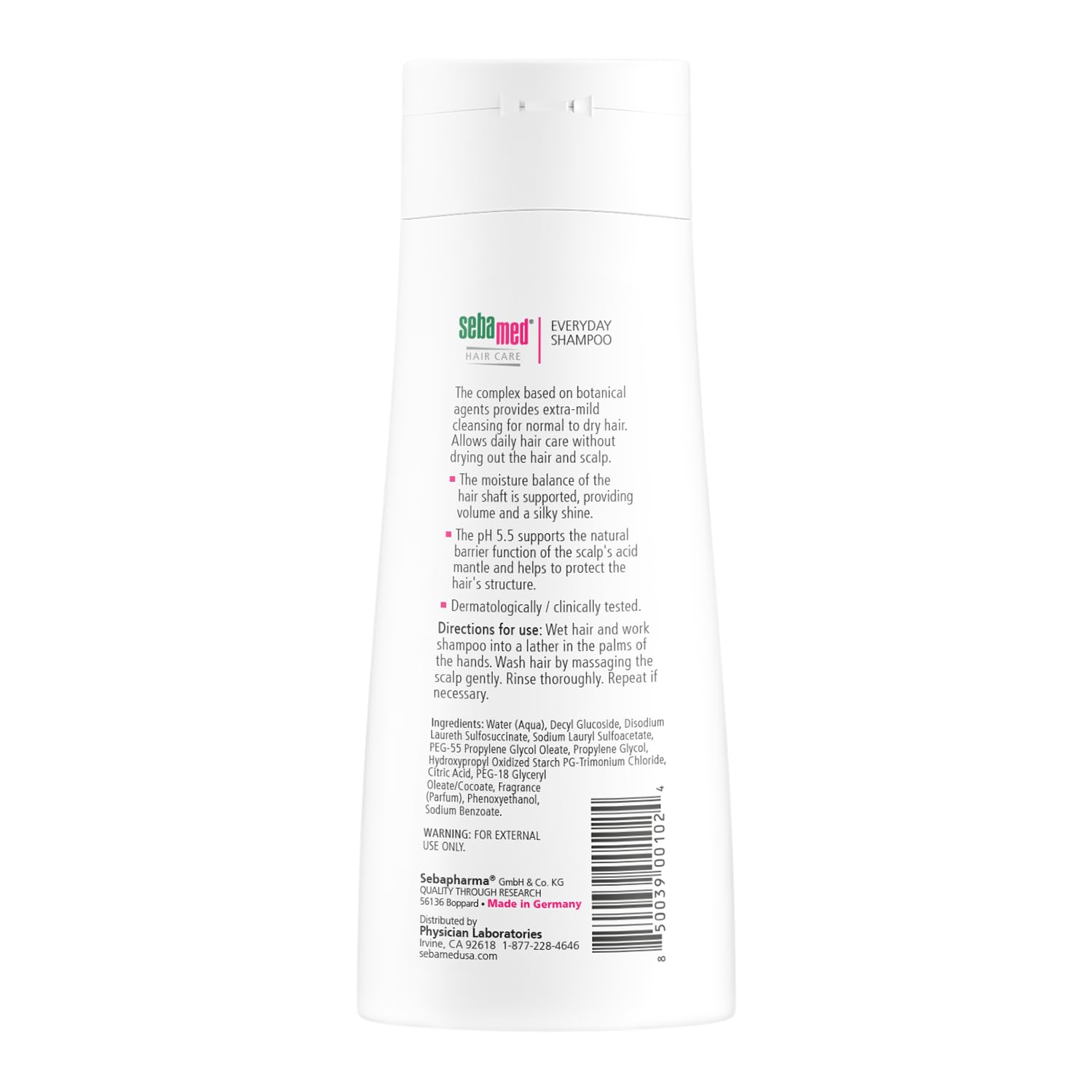 Étiquette sans savon et alcali, SEBAMED Shampoing Quotidien protège l’équilibre capillaire.