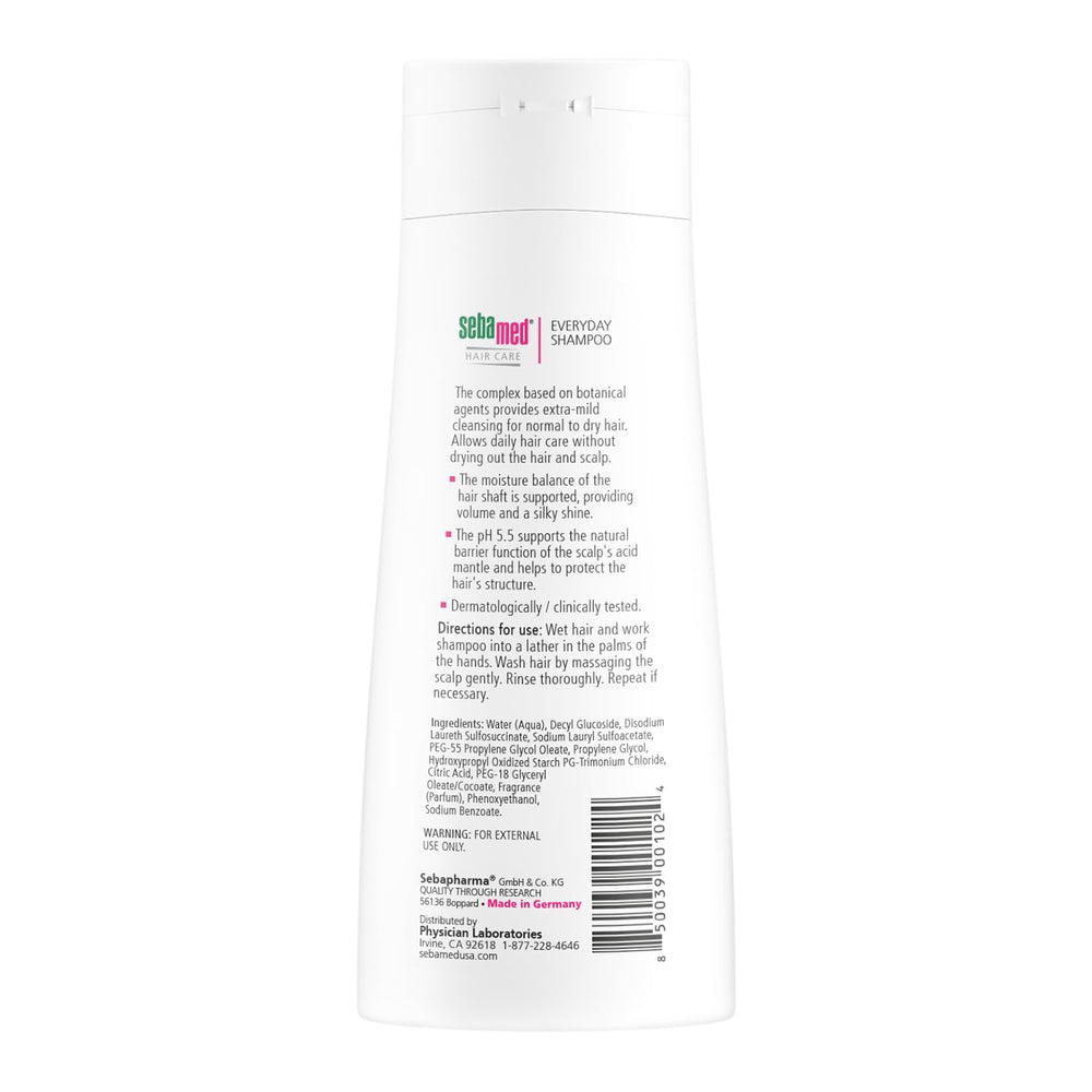 Étiquette sans savon et alcali, SEBAMED Shampoing Quotidien protège l’équilibre capillaire.