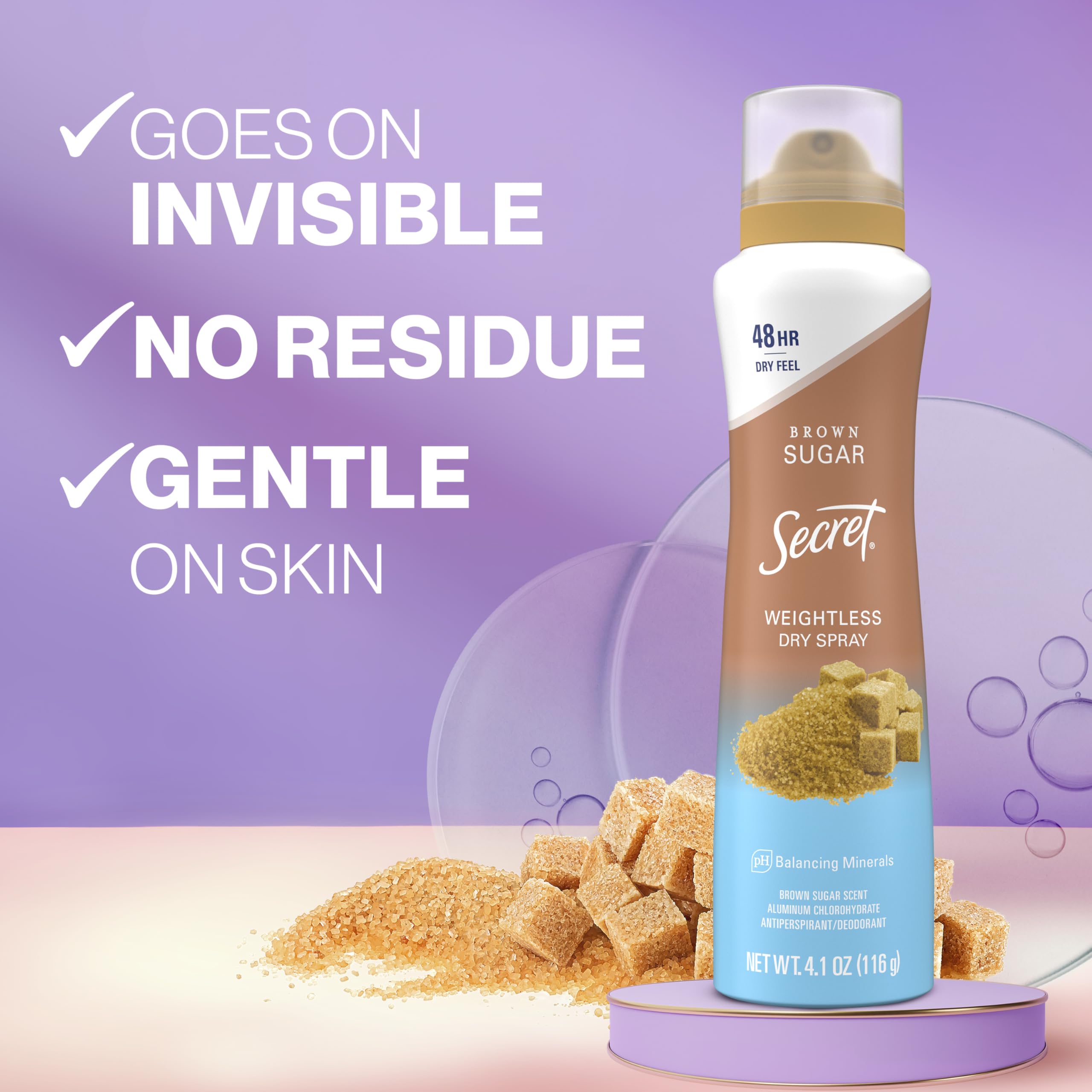 Secret déodorant aérosol sec – application rapide pour une sensation sèche immédiate.