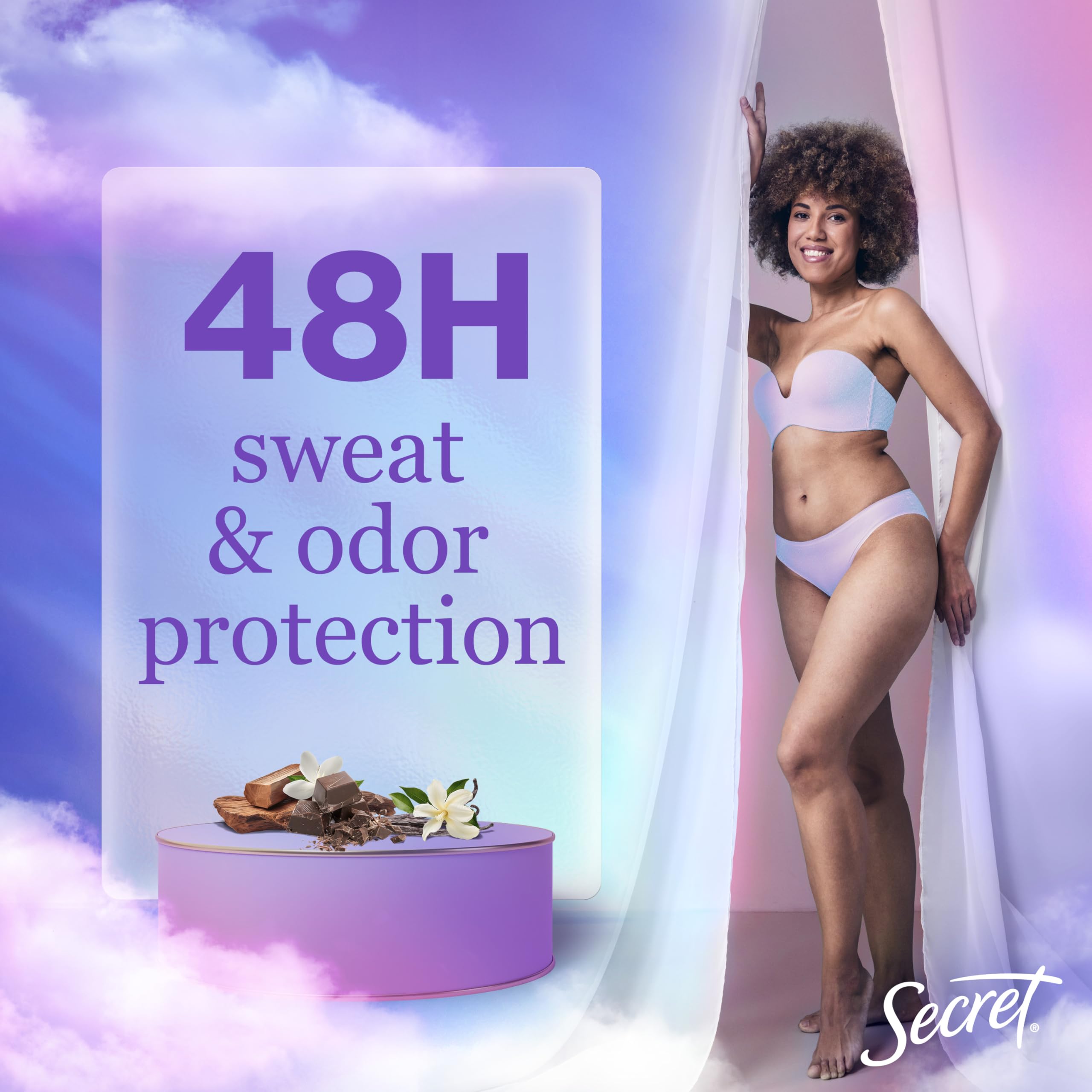 Secret déodorant aérosol sec – texture légère qui s'évapore rapidement sur la peau.