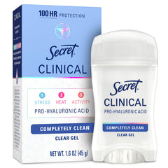 Secret antiperspirant clinique, gel transparent, application facile et sans résidu.