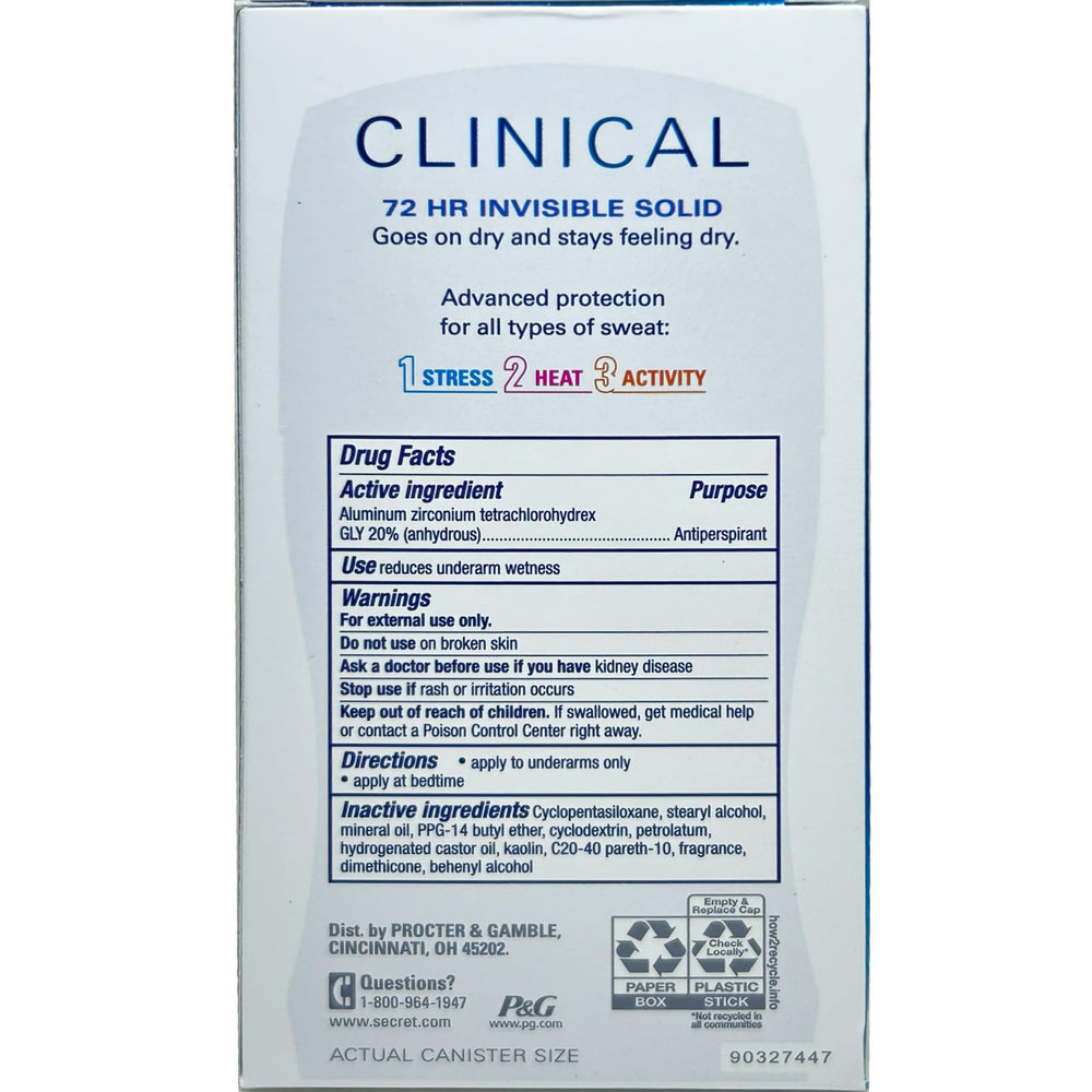 Secret Clinical Strength invisible solide baton absorbant les odeurs pour une fraîcheur durable.