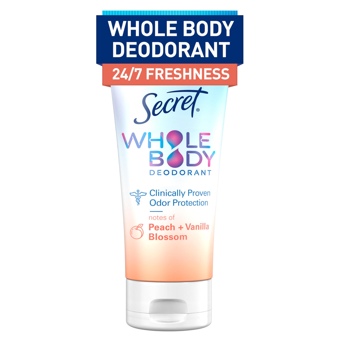 Secret Crème Corps Pêche et Vanille, flacon élégant pour une fragrance durable.