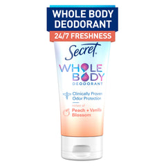 Secret Crème Corps Pêche et Vanille, flacon élégant pour une fragrance durable.