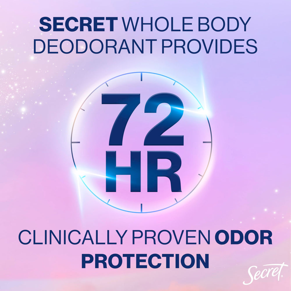 Secret crème déodorante sèche absorption 72h, capte la sueur et maintient la peau sèche.