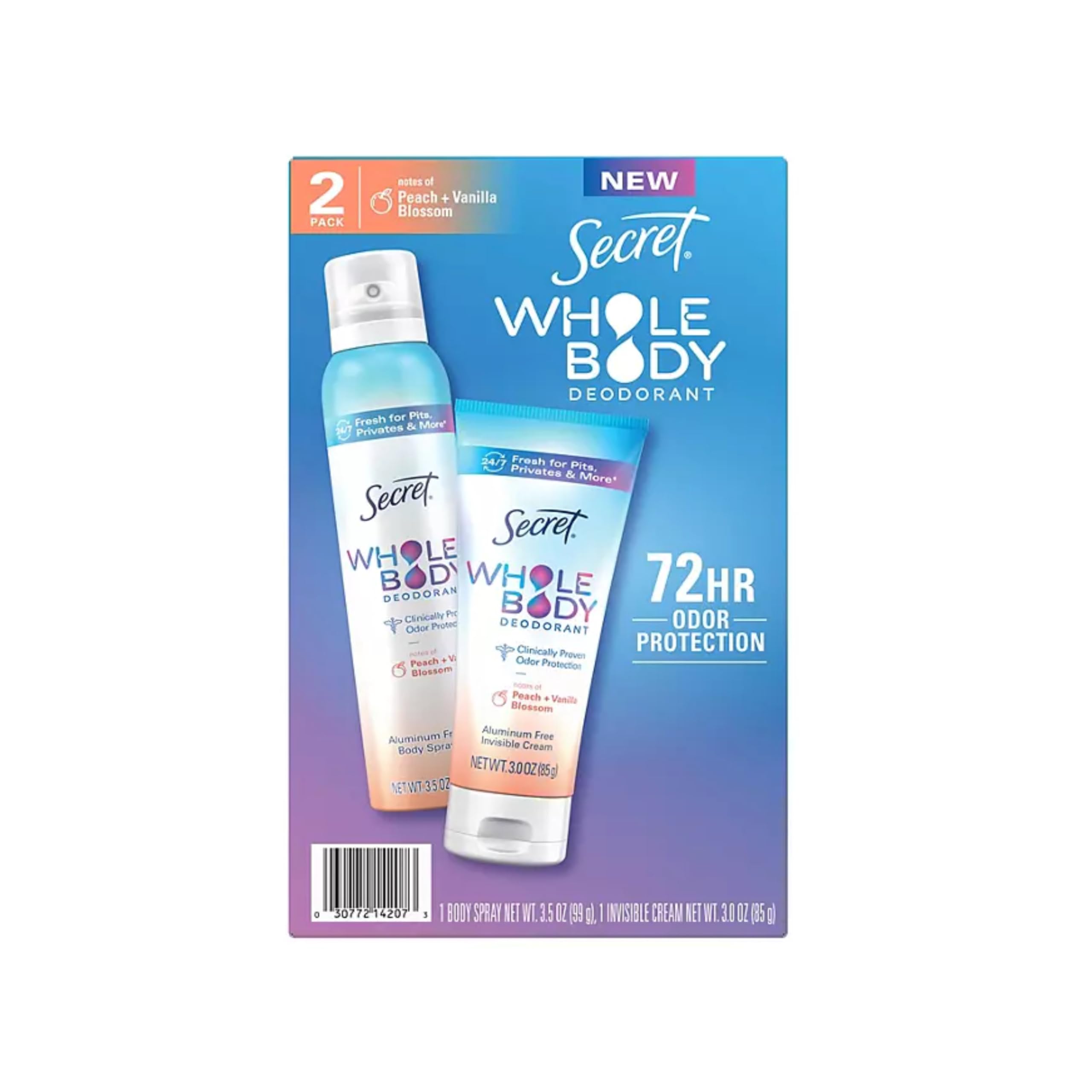 SECRET déodorant corps duo, bouteille principale, parfum pêche rafraîchissant.