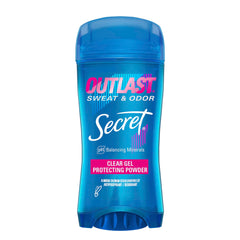 Secret Outlast antiperspirant, bouteille transparente, offre une protection durable contre la transpiration.