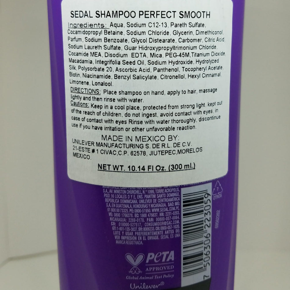 Sedal Liso Perfecto Shampoo 340 ml — ambiance salle de bains, résultat lisse en usage quotidien.