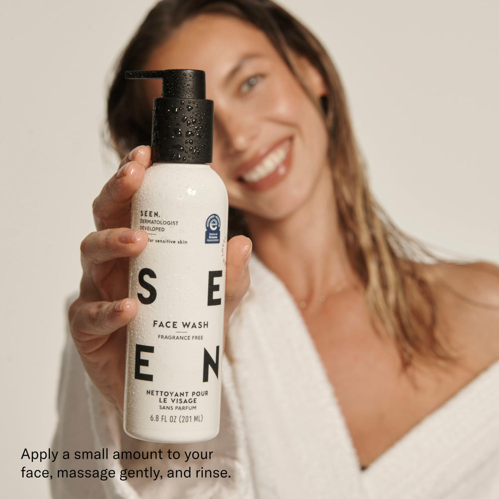 SEEN formulation sans parfum ni sulfates, adaptée à peau sensible.