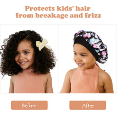 Bonnet Selalu satin violet pour fille, adapté aux cheveux bouclés.
