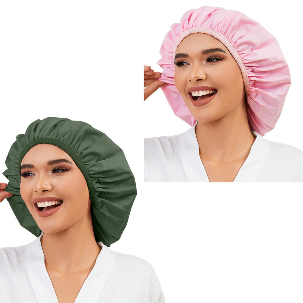 Bonnet-douche Selalu rose et vert, ensemble, protection elegante des cheveux.