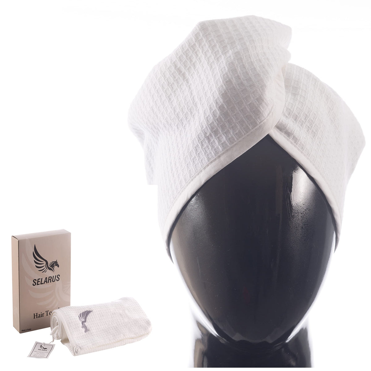 SELARUS serviette cheveux coton turc blanc, absorption rapide