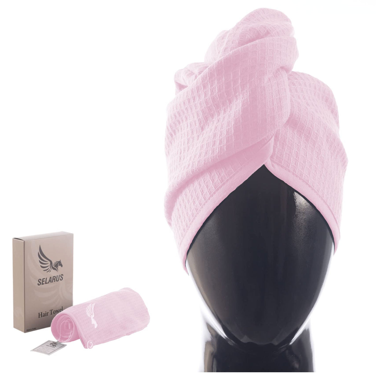 SELARUS turban-cheveux absorbant, séchage rapide et sans microfibres.