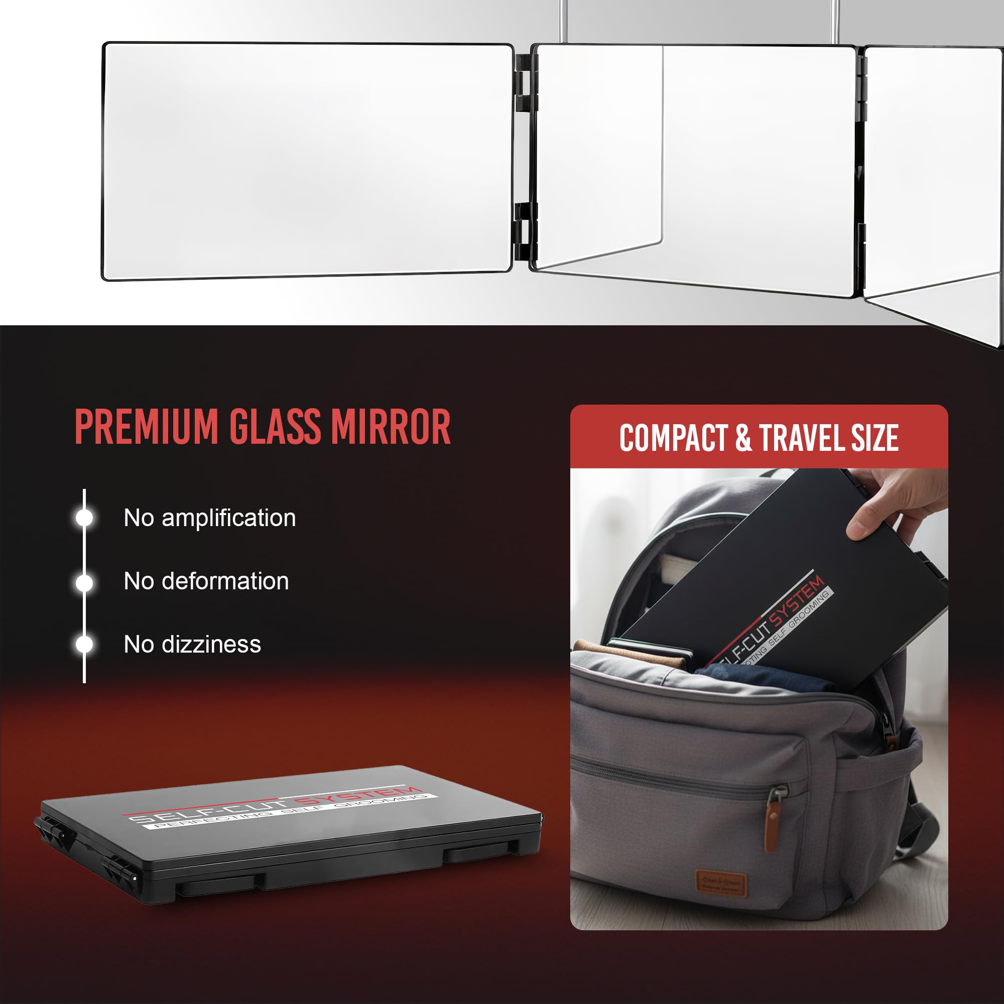 Self-Cut System Miroir Triple 360 offre vue sans angle mort utile pour dos et nuque.