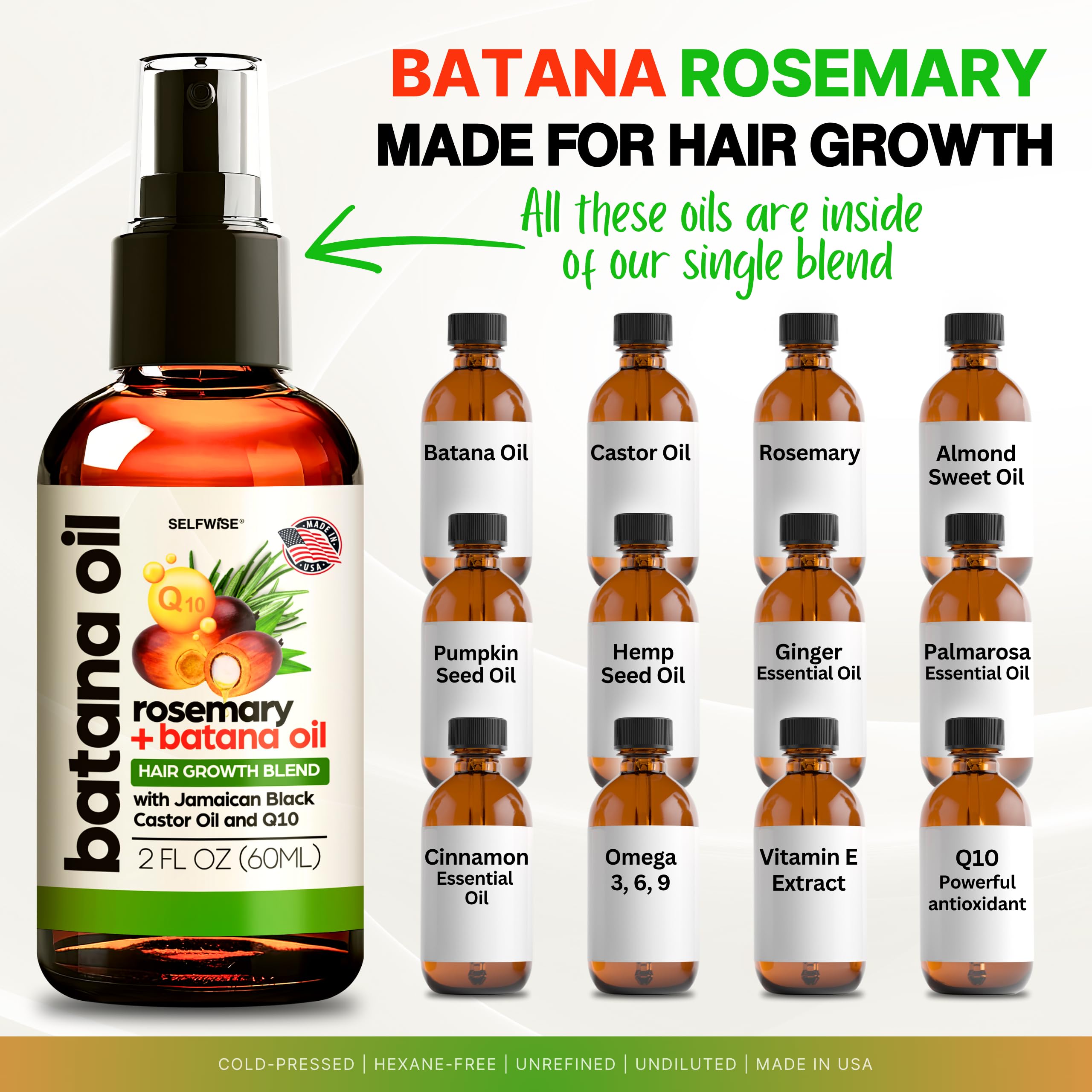 SELFWISE Batana Oil – ingrédients naturels romarin et ricin pour nourrir les cheveux.