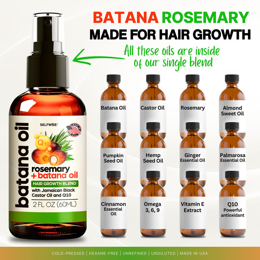 SELFWISE Batana Oil – ingrédients naturels romarin et ricin pour nourrir les cheveux.