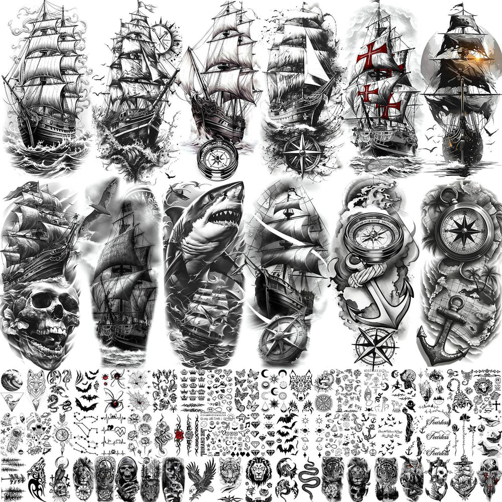 Tatouage temporaire SELIDODO navire pirate et compas pour un style marin.