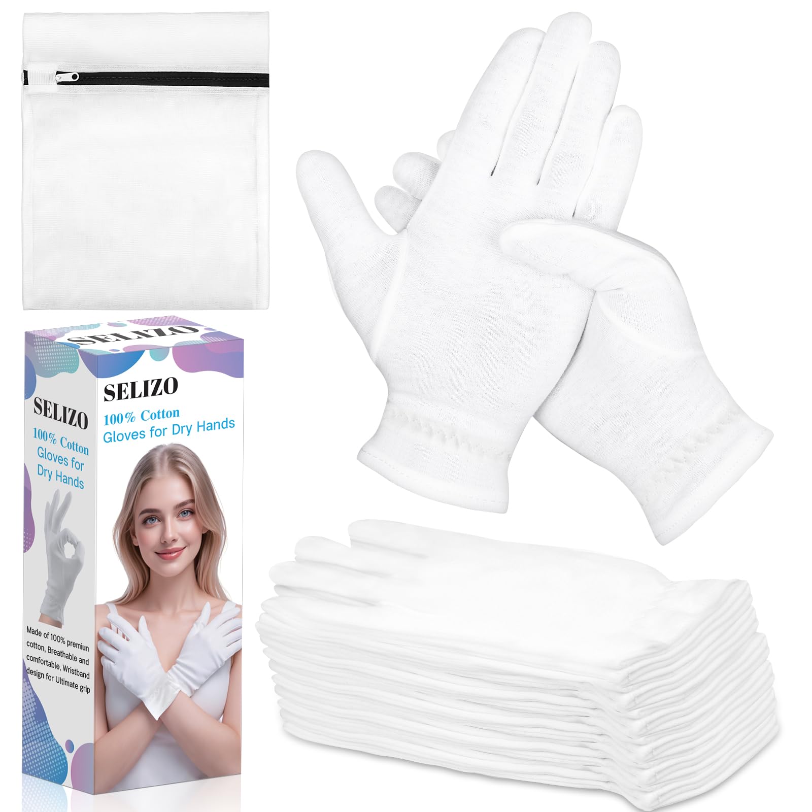 Gants Selizo en coton blanc pour douceur nocturne et hydratation des mains.