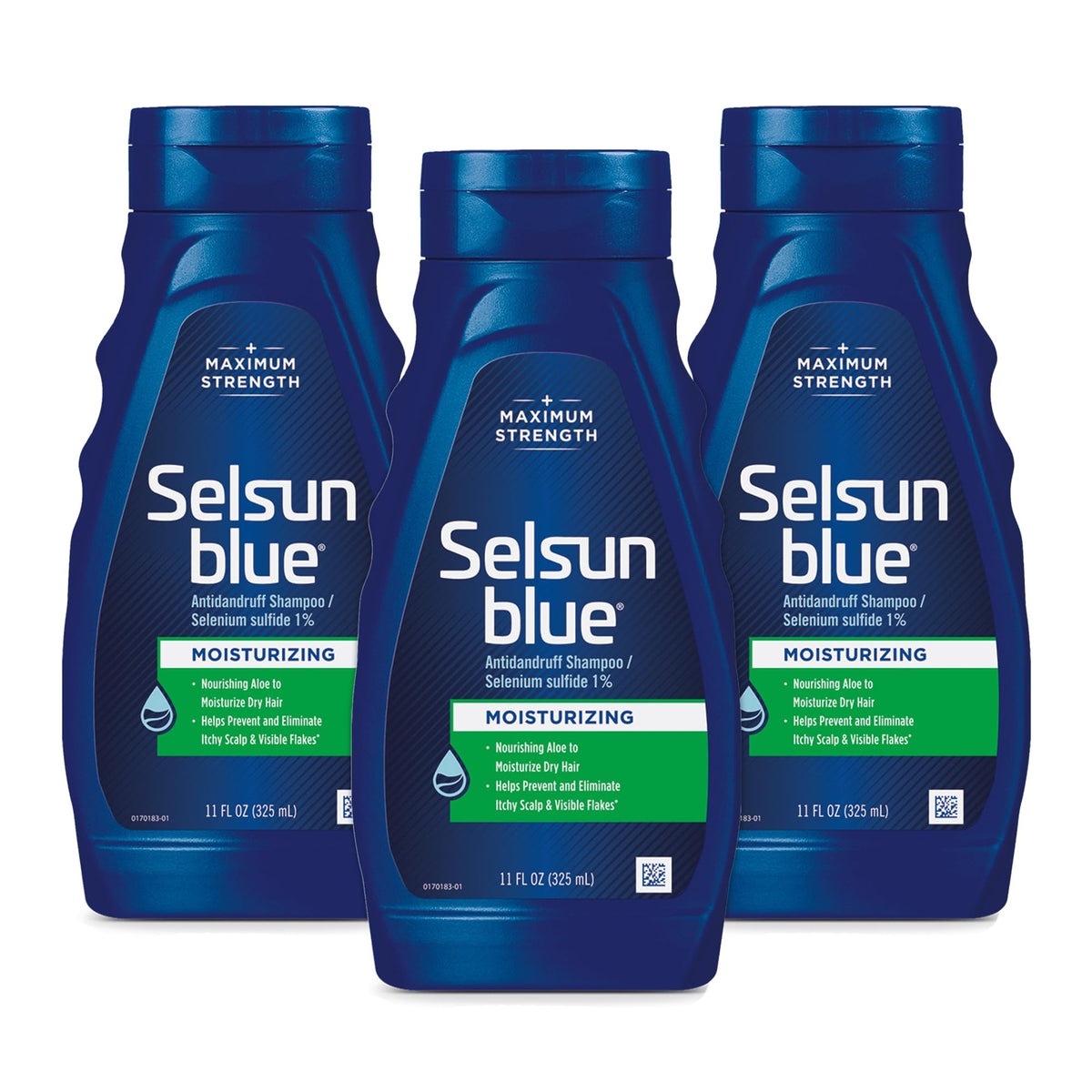 Shampoing anti-pelliculaire Selsun Blue avec aloès, hydratation du cuir chevelu.