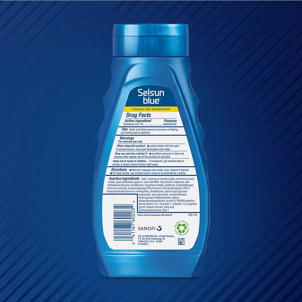 Emballage pratique et étiquettes claires de Selsun Blue Shampoing pour l’utilisation.