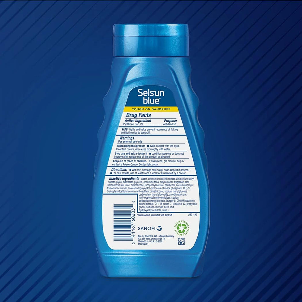 Emballage pratique et étiquettes claires de Selsun Blue Shampoing pour l’utilisation.