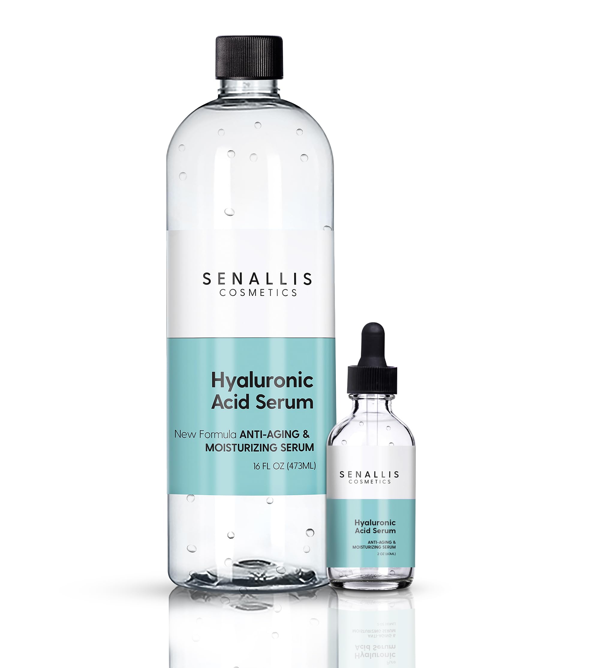 SenAllis Cosmetics sérum hyaluronique: flacon pompe 16oz et 2oz pour hydratation pratique.