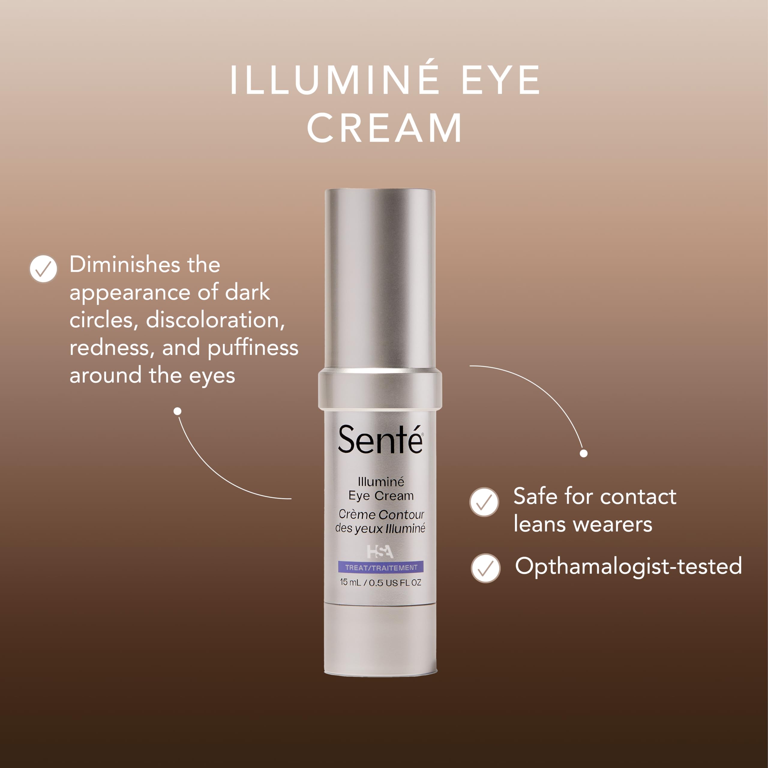 Senté Illumine Crème Yeux—pompe pratique pour doser sans gaspiller.