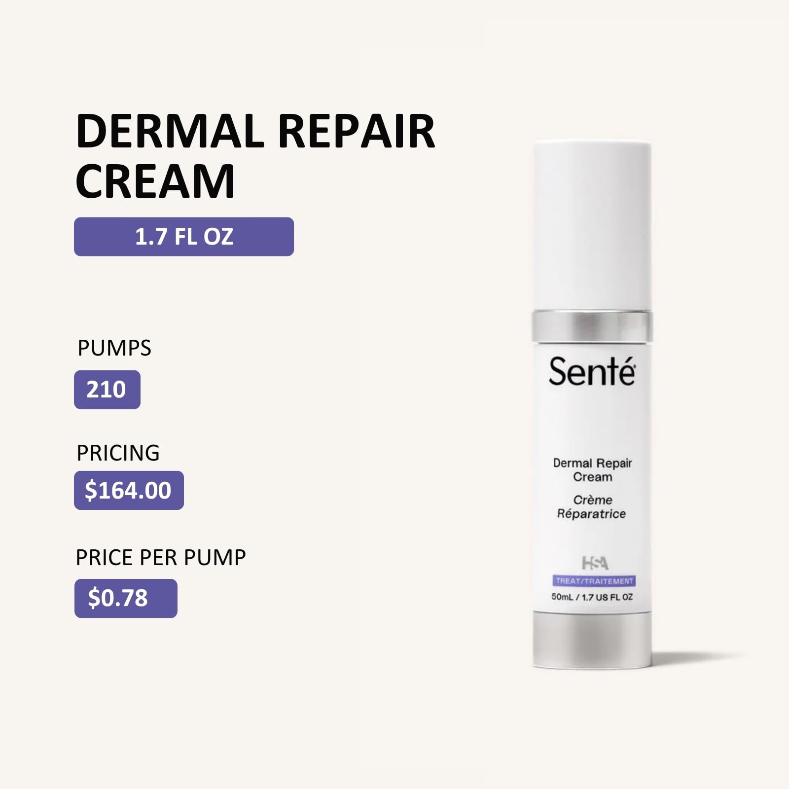 Sente Dermal Repair Crème Technologie HSA pour hydratation durable.