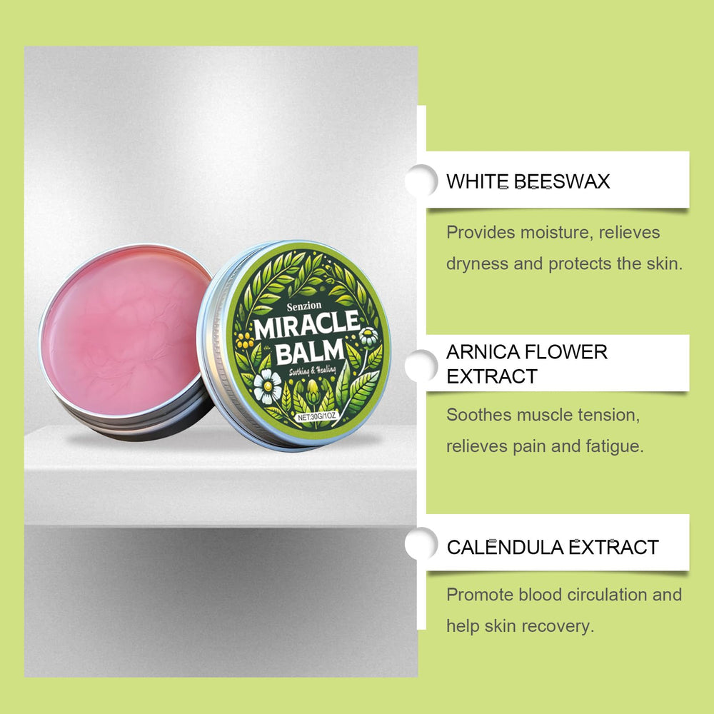 Senzion Miracle Balm texture close-up highlighting light, fast-absorbing formula.