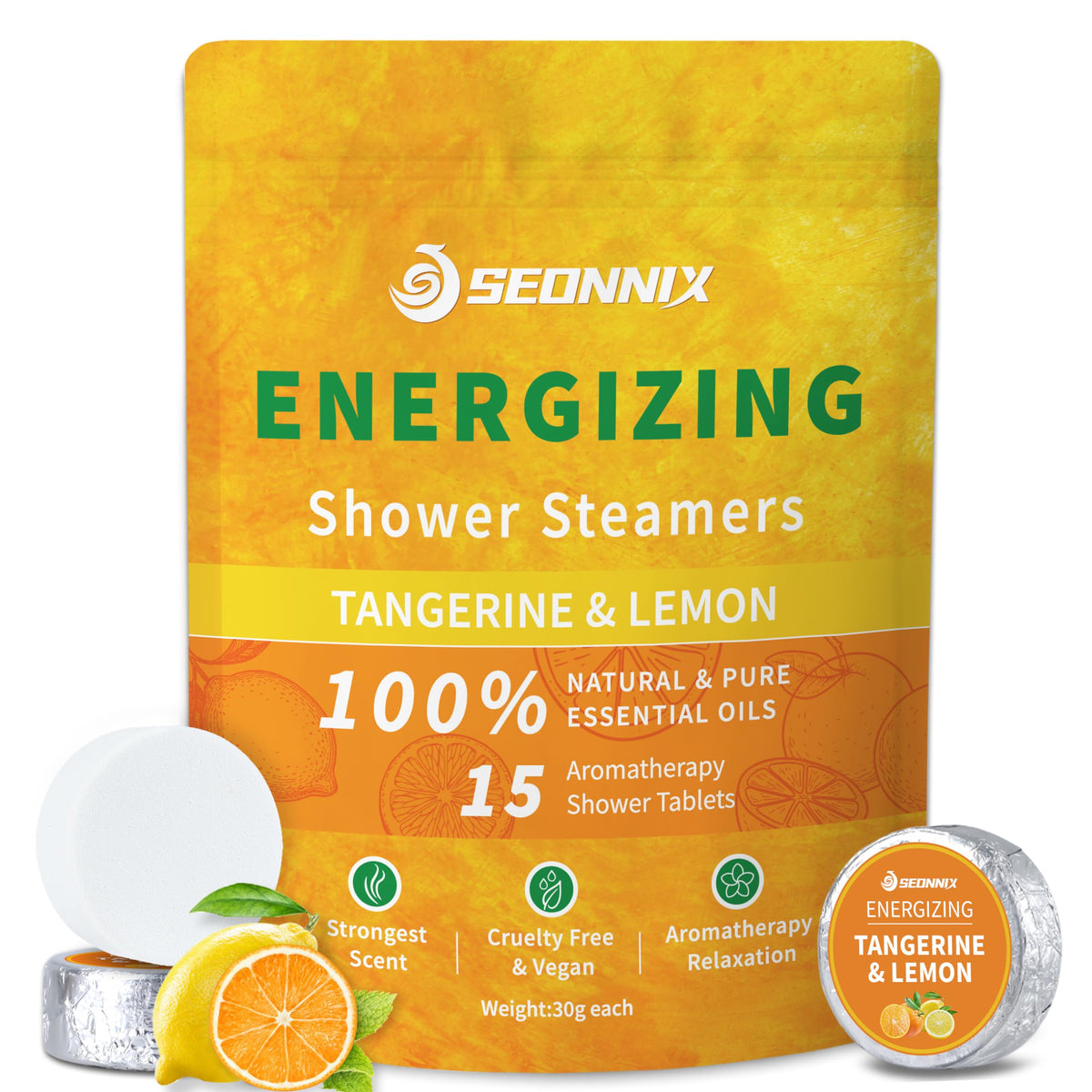SEONNIX tablettes-douche mandarine citron: diffusion prolongée et fraîcheur matinale.