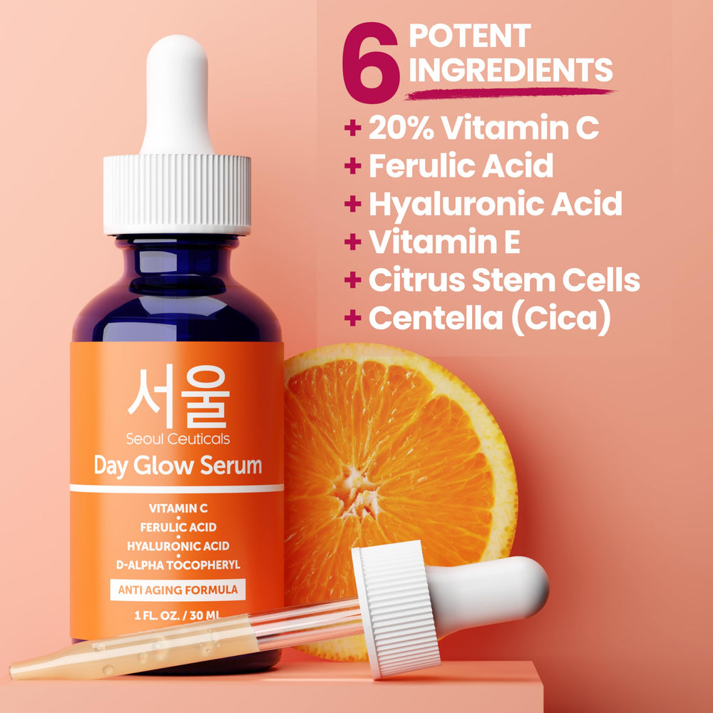 Bouteille ambrée SeoulCeuticals en gros plan, design premium pour routine quotidienne.