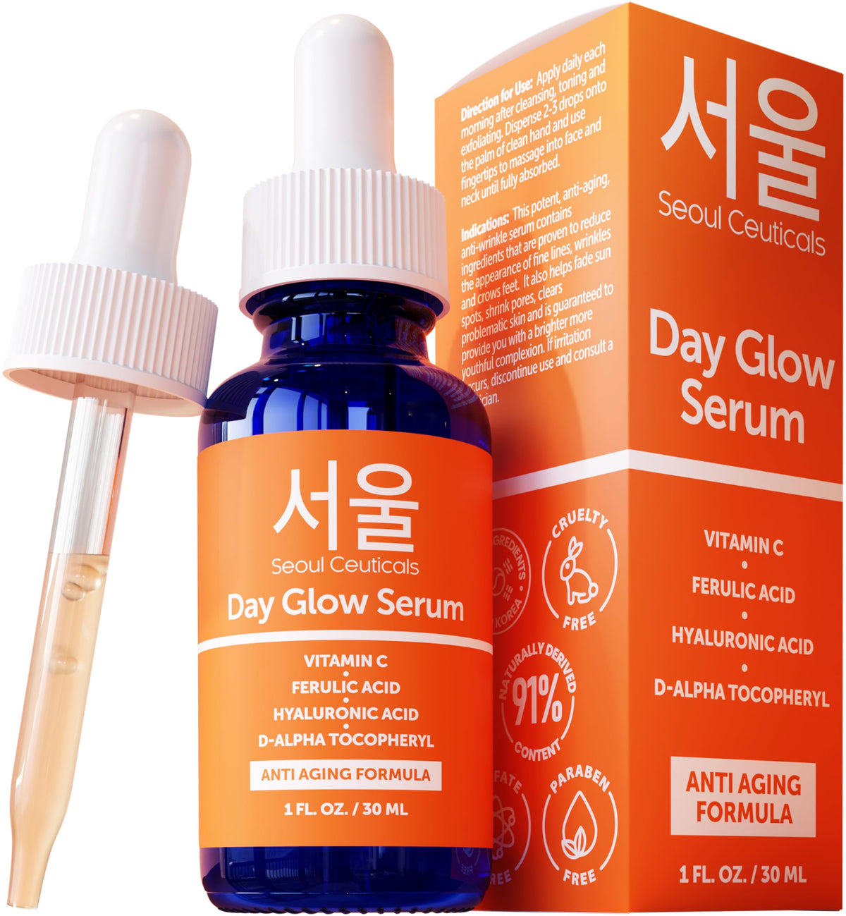 S SeoulCeuticals sérum vitamine C en bouteille ambrée pour éclat naturel.