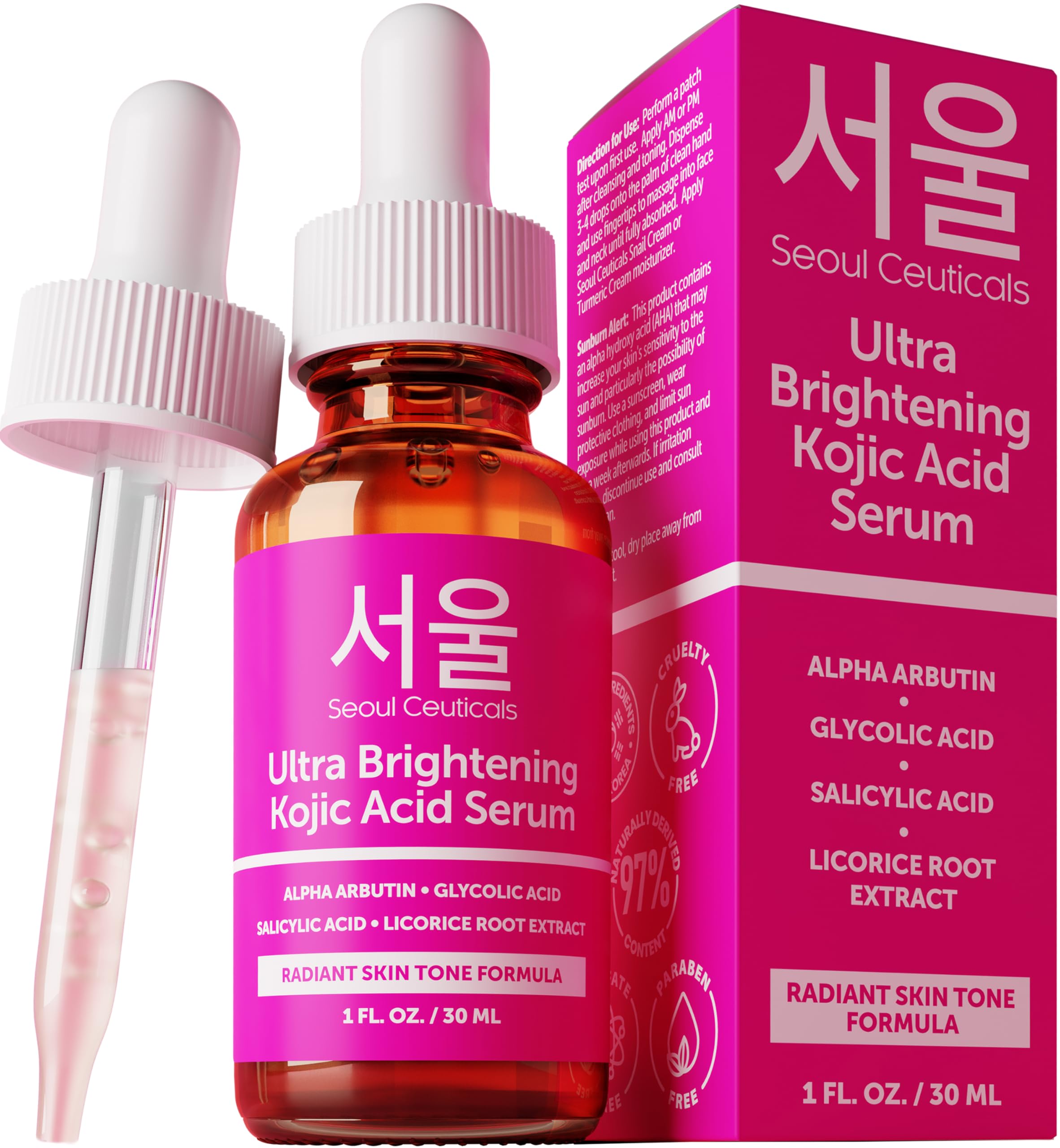 Sérum SeoulCeuticals en bouteille, flacon transparent, peut éclaircir le teint et unifier le visage.