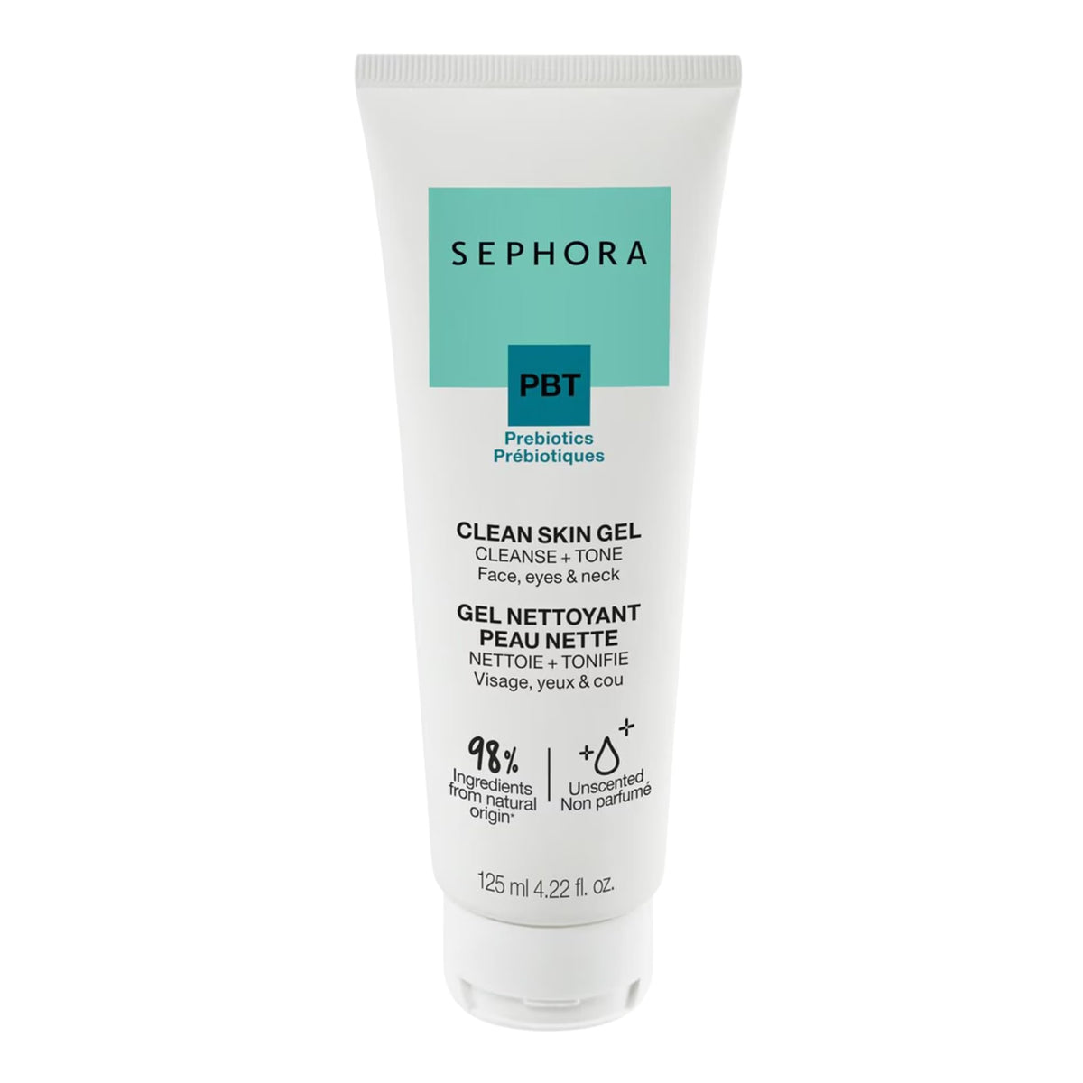 SEPHORA Clean Skin Gel Cleanser avec prébiotiques en flacon 125 ml, peau hydratée.